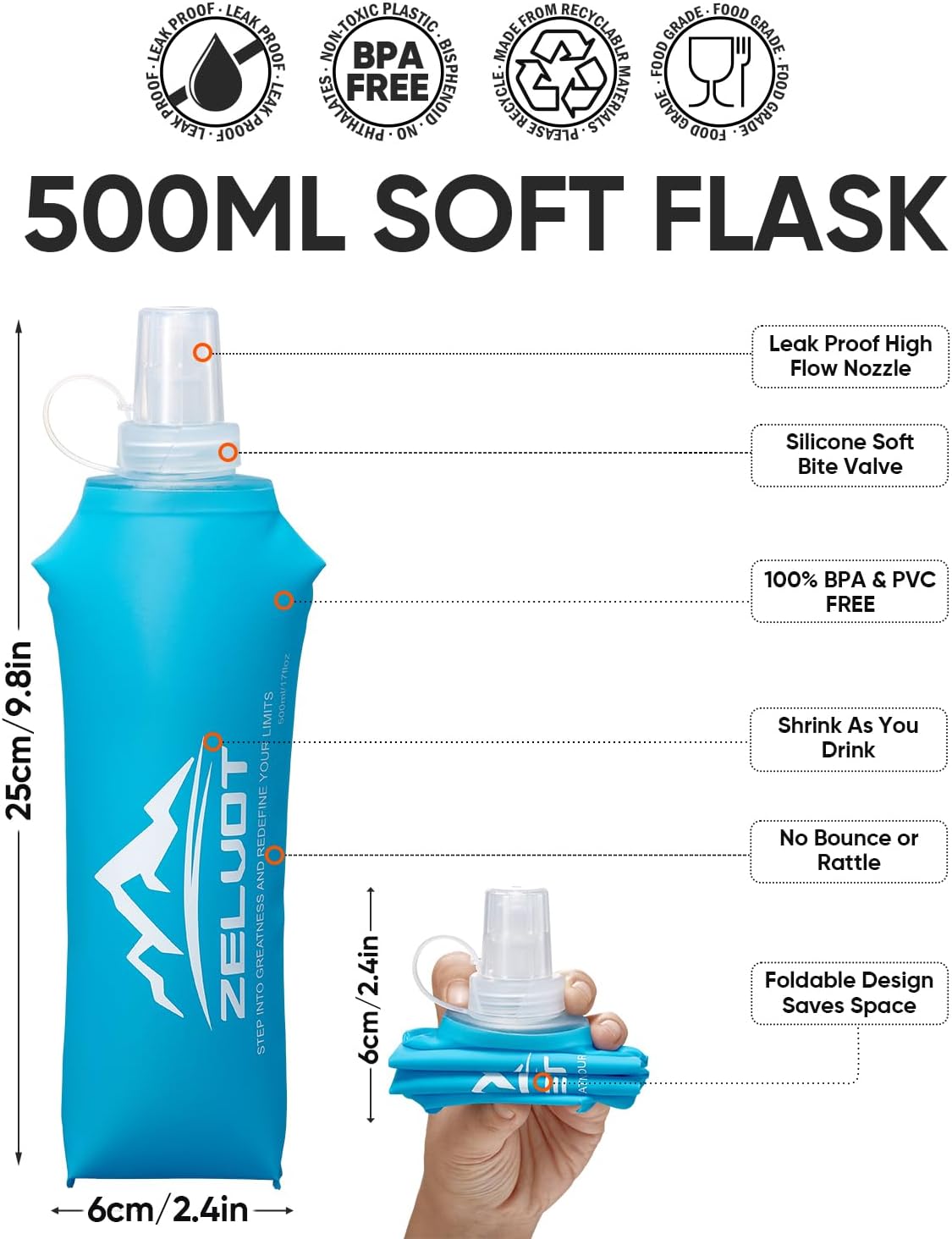 Running Vest Soft Flask, BPA-Free 500ml Collapsible Water Bottle for Hydration Backpack, Folding Running Water Bottle for Running Hiking Cycling Climbing (Pink, 500 ML)